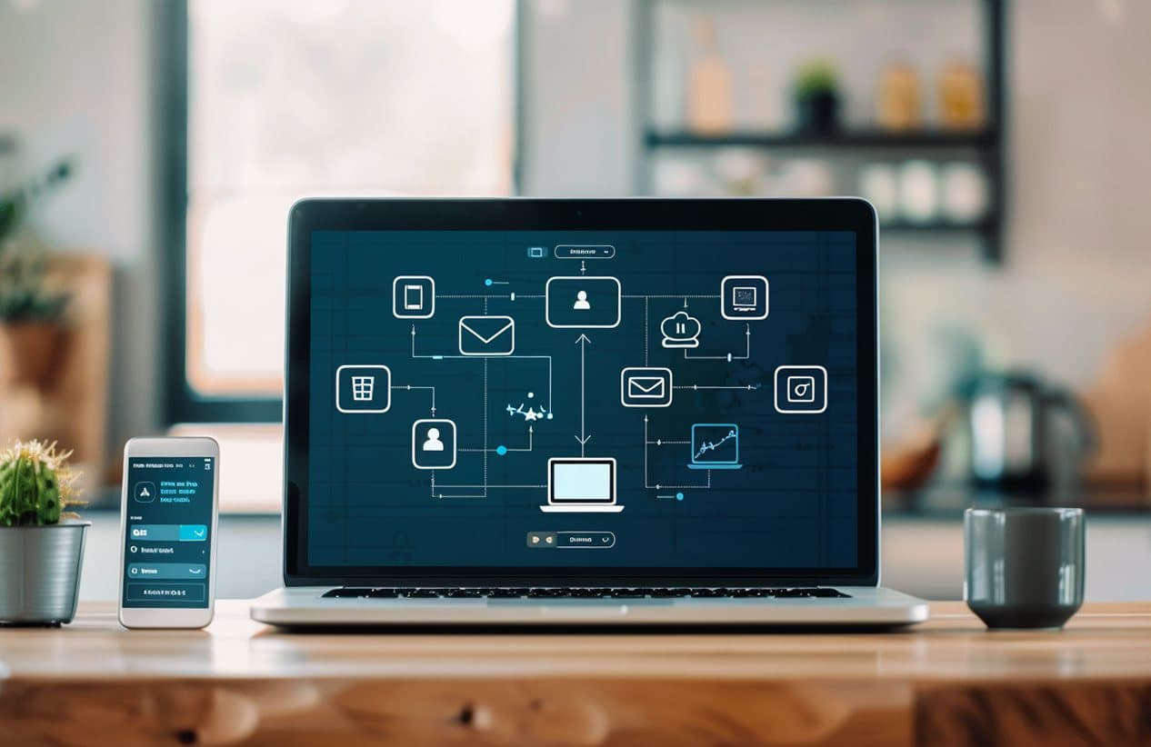 Laptop on a desk showing an automation workflow diagram
