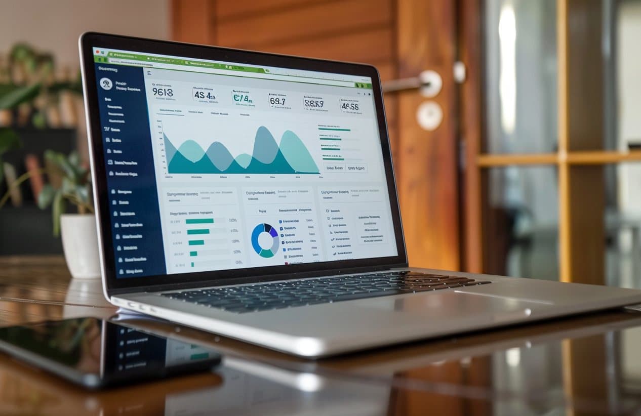 Laptop on a desk showing marketing analytics dashboards