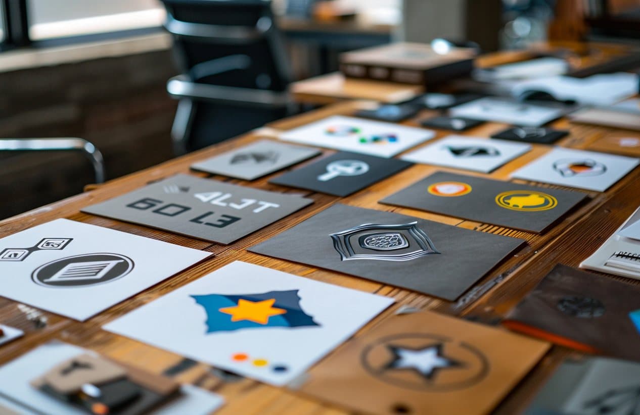 Logo concepts laid out on a table